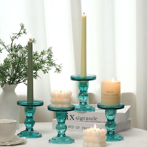 4 Pcs Glass Candle Holders Green, ViViTOP Taper Pillar Candle Holders Set, Candlestick Holders Candles Tealight Stand for Wedding Centerpieces Home Decorations Dining Table in Saudi Arabia