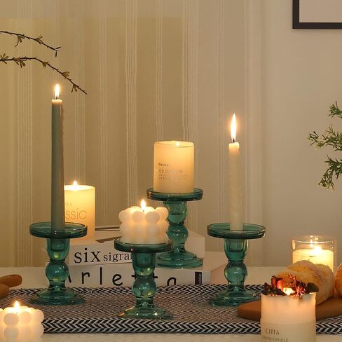 4 Pcs Glass Candle Holders Green, ViViTOP Taper Pillar Candle Holders Set, Candlestick Holders Candles Tealight Stand for Wedding Centerpieces Home Decorations Dining Table in Saudi Arabia