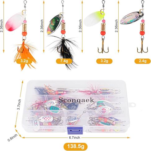 مجموعة طعوم سكونكايك الدوارة، طعوم صيد للمياه العذبة، ملونة، ساطعة، أوزان نحاسية، مجموعة طعوم دوارة معدنية صلبة غير قابلة للصدأ مع صندوق أدوات الصيد... in Kuwait