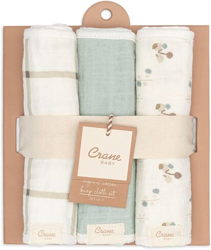 Crane Baby 100% Organic Cotton 3-pc. Burp Cloth Set - GOTS Certified Cotton, Absorbent & Lightweight with Neutral Designs, Machine Washable, Ideal in Saudi Arabia