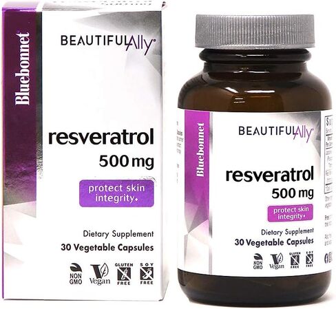 Bluebonnet Nutrition Beautiful Ally Resveratrol 500mg، الأفضل للبشرة، مضاد للأكسدة، مغذيات الجمال، نباتي، نباتي، غير معدّل وراثيًا، خالي من الغلوتين، خالي من الصويا، 30 كبسولة نباتية، 30 وجبة in Saudi Arabia