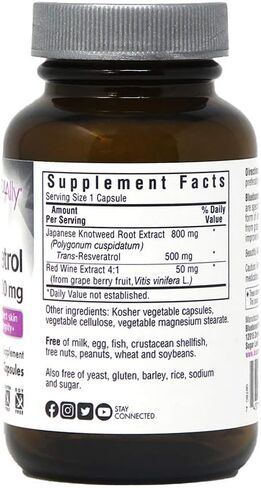 Bluebonnet Nutrition Beautiful Ally Resveratrol 500mg، الأفضل للبشرة، مضاد للأكسدة، مغذيات الجمال، نباتي، نباتي، غير معدّل وراثيًا، خالي من الغلوتين، خالي من الصويا، 30 كبسولة نباتية، 30 وجبة in Saudi Arabia