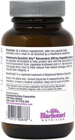 Bluebonnet Nutrition Beautiful Ally Resveratrol 500mg، الأفضل للبشرة، مضاد للأكسدة، مغذيات الجمال، نباتي، نباتي، غير معدّل وراثيًا، خالي من الغلوتين، خالي من الصويا، 30 كبسولة نباتية، 30 وجبة in Saudi Arabia