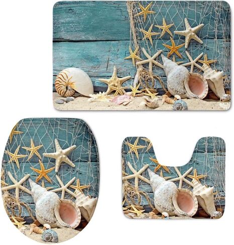 مجموعة سجاد الحمام الفاخرة PZZ BEACH مكونة من 3 قطع، سجادة حمام مقاومة للانزلاق بطباعة مخملية رخامية فيروزية + حصيرة محيطية + غطاء مقعد المرحاض in Kuwait