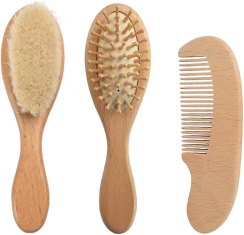 PandaEar Baby Hair Brush and Comb Set for Newborn| Natural Wooden Hairbrush with Soft Goat Bristles, Pear Wood Comb and Wooden Massage Brush for Infant, Toddler, Kids in Saudi Arabia
