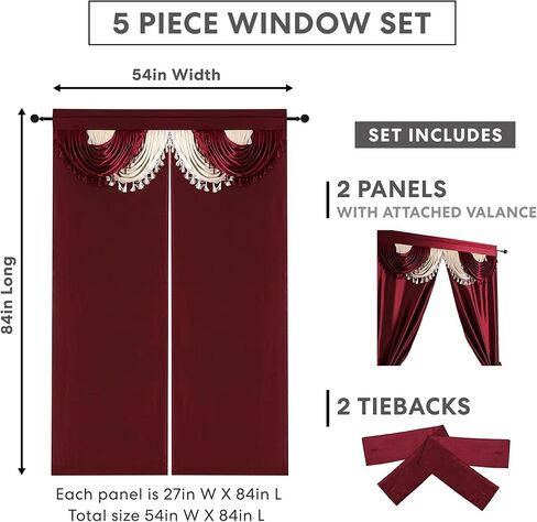 Regal Home Collections Amore Curtains 5-Piece Window Curtain Set - 54-Inch W x 84-Inch L Panels with Attached Valance and 2 Tiebacks - Bedroom Curtains and Living Room Curtains (Brick) in Kuwait