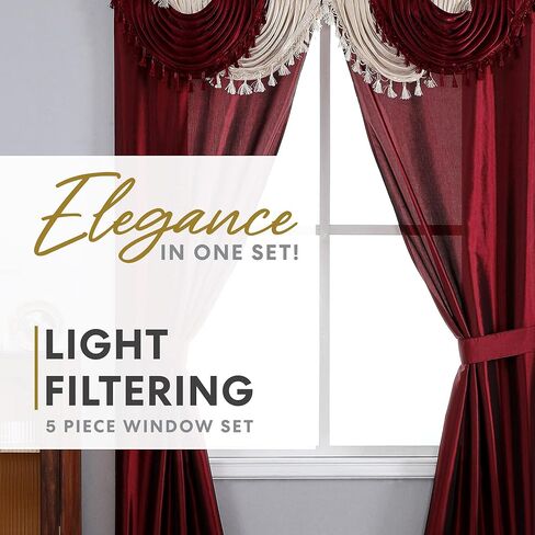 Regal Home Collections Amore Curtains 5-Piece Window Curtain Set - 54-Inch W x 84-Inch L Panels with Attached Valance and 2 Tiebacks - Bedroom Curtains and Living Room Curtains (Brick) in Kuwait