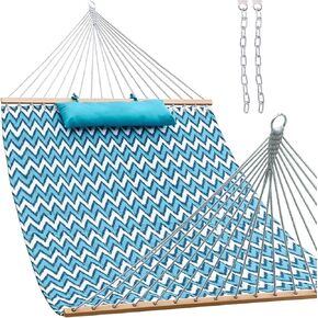 Lazy Daze Hammocks 12 FT Double Quilted Fabric Hammock with Spreader Bars and Detachable Pillow, 2 Person Hammock for Outdoor Patio Backyard Poolside, 450 LBS Weight Capacity, Blue Chevron