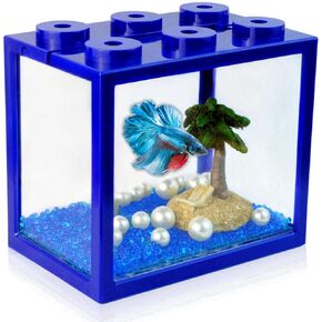 Small Betta Fish Tank, Stackable Mini Aquarium Tank Kit with Aquarium Gravel Pearl Decoration, 3/5 Gallon Fish Bowl Tiny Cube Tank for Seaweed Balls Sea Monkeys,Blue