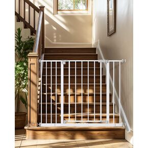 InnoTruth Baby Gate for Stairs 28.9-42.1" Wide, Easy Step Walk Through Expandable Dual Lock Dog Gates for Doorways, Metal Pressure Mounted Wall Protector Easy Install Pet Gate for Dogs, White in Kuwait