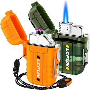 LcFun 2 Pack Waterproof Lighter, Windproof Torch Lighter Butane Refillable, Electric Dual Arc Lighter with Flashlight, USB Rechargeable Plasma Lighter for Camping, Hiking, Survival Tactical Gear