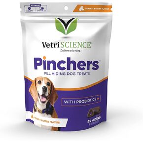 VETRISCIENCE Pinchers, علاجات إخفاء حبوب الدواء للكلاب، نكهة زبدة الفول السوداني، 45 مخبأ (عبوتان)