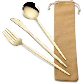VIVANI Travel Utensils with Case, 3 Pieces Reusable Champagne utensils Set, Stainless Steel Portable Lunch Silverware with Case