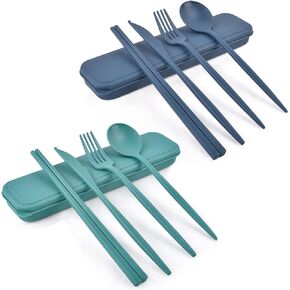 Reusable Utensil Set with Case, 2 Sets Plastic Portable Travel Utensils, Knives Chopsticks Spoons and Forks Set Camping Cutlery (blue, green) in Saudi Arabia