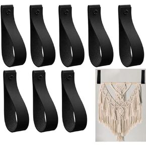 Sutfmwe PU Leather Curtain Rod Holder, Leather Wall Hooks Loop Straps for Wall Hanging for Bathroom Kitchen Towel Wall Boho Pole Hanger Wall Blanket Oar Display Farmhouse Vintage Style (Black, 8)