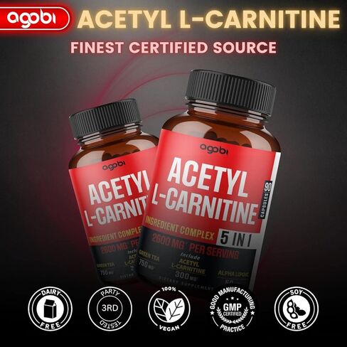 مكمل أسيتيل إل-كارنيتين - 2600 ملجم لمدة 3 أشهر - ممزوج بحمض ألفا ليبويك والشاي الأخضر وحبوب القهوة الخضراء وكيتونات التوت - دعم صحة الذاكرة والدماغ، غير معدل وراثيًا - 90 كبسولة نباتية in Kuwait