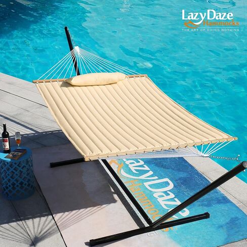 أرجوحة Lazy Daze Hammocks بطول 12 قدمًا من القماش المبطن المزدوج مع قضبان موزعة ووسادة قابلة للفصل، أرجوحة لشخصين للفناء الخارجي بجانب حمام السباحة، سعة وزن 450 رطل، شيفرون أزرق in Kuwait