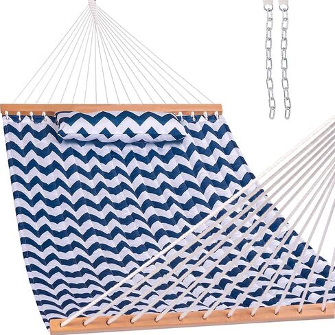 أرجوحة Lazy Daze Hammocks بطول 12 قدمًا من القماش المبطن المزدوج مع قضبان موزعة ووسادة قابلة للفصل، أرجوحة لشخصين للفناء الخارجي بجانب حمام السباحة، سعة وزن 450 رطل، شيفرون أزرق in Kuwait