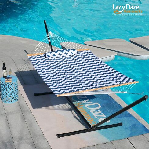 أرجوحة Lazy Daze Hammocks بطول 12 قدمًا من القماش المبطن المزدوج مع قضبان موزعة ووسادة قابلة للفصل، أرجوحة لشخصين للفناء الخارجي بجانب حمام السباحة، سعة وزن 450 رطل، شيفرون أزرق in Kuwait