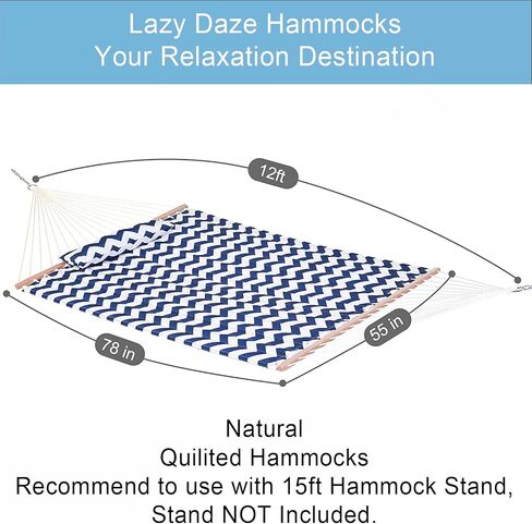 أرجوحة Lazy Daze Hammocks بطول 12 قدمًا من القماش المبطن المزدوج مع قضبان موزعة ووسادة قابلة للفصل، أرجوحة لشخصين للفناء الخارجي بجانب حمام السباحة، سعة وزن 450 رطل، شيفرون أزرق in Kuwait