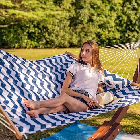 أرجوحة Lazy Daze Hammocks بطول 12 قدمًا من القماش المبطن المزدوج مع قضبان موزعة ووسادة قابلة للفصل، أرجوحة لشخصين للفناء الخارجي بجانب حمام السباحة، سعة وزن 450 رطل، شيفرون أزرق in Kuwait