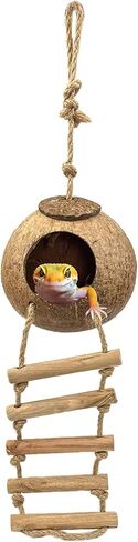 Gecko Coconut Hide Habitat Crested Gecko Cage Accessories Leopard Gecko Climbing Hide Cave Reptile Lizard Ladder Bird Nesting House Hideouts Cave Habitat for Gecko, Reptiles, Lizards, Amphibians in Kuwait