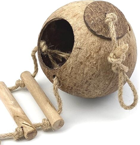 Gecko Coconut Hide Habitat Crested Gecko Cage Accessories Leopard Gecko Climbing Hide Cave Reptile Lizard Ladder Bird Nesting House Hideouts Cave Habitat for Gecko, Reptiles, Lizards, Amphibians in Kuwait