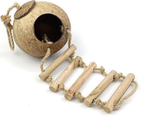 Gecko Coconut Hide Habitat Crested Gecko Cage Accessories Leopard Gecko Climbing Hide Cave Reptile Lizard Ladder Bird Nesting House Hideouts Cave Habitat for Gecko, Reptiles, Lizards, Amphibians in Kuwait