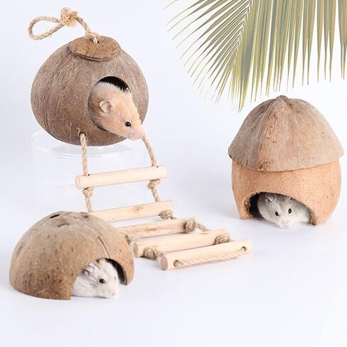 Gecko Coconut Hide Habitat Crested Gecko Cage Accessories Leopard Gecko Climbing Hide Cave Reptile Lizard Ladder Bird Nesting House Hideouts Cave Habitat for Gecko, Reptiles, Lizards, Amphibians in Kuwait