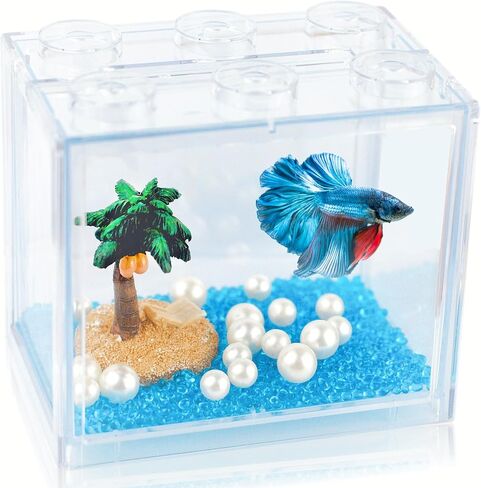 حوض أسماك بيتا صغير، طقم خزان حوض أسماك صغير قابل للتكديس مع ديكور لؤلؤ الحصى لحوض السمك، وعاء سمك 3/5 جالون خزان مكعب صغير لكرات الأعشاب البحرية وقرود البحر، أزرق in Kuwait