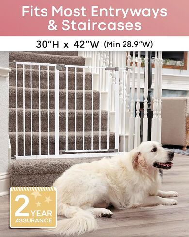 InnoTruth Baby Gate for Stairs 28.9-42.1" Wide, Easy Step Walk Through Expandable Dual Lock Dog Gates for Doorways, Metal Pressure Mounted Wall Protector Easy Install Pet Gate for Dogs, White in Kuwait