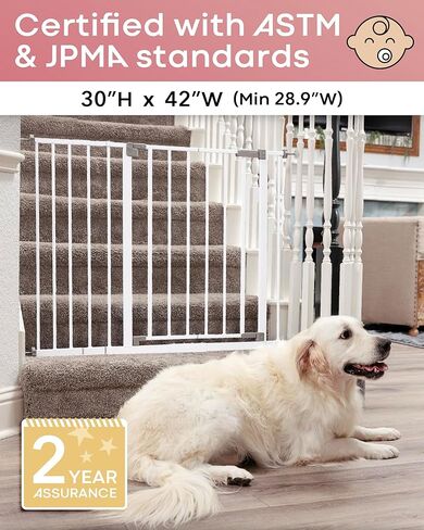 InnoTruth Baby Gate for Stairs 28.9-42.1" Wide, Easy Step Walk Through Expandable Dual Lock Dog Gates for Doorways, Metal Pressure Mounted Wall Protector Easy Install Pet Gate for Dogs, White in Kuwait