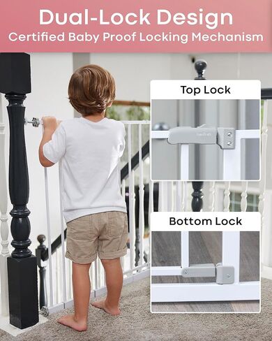 InnoTruth Baby Gate for Stairs 28.9-42.1" Wide, Easy Step Walk Through Expandable Dual Lock Dog Gates for Doorways, Metal Pressure Mounted Wall Protector Easy Install Pet Gate for Dogs, White in Kuwait