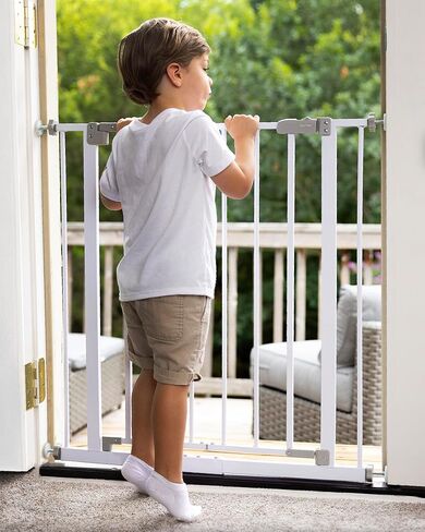 InnoTruth Baby Gate for Stairs 28.9-42.1" Wide, Easy Step Walk Through Expandable Dual Lock Dog Gates for Doorways, Metal Pressure Mounted Wall Protector Easy Install Pet Gate for Dogs, White in Kuwait