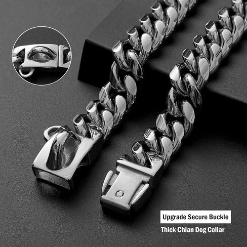 طوق بسلسلة للكلاب من الزركونيوم الذهبي مع مشبك آمن وبطاقة هوية، إكسسوارات عصرية للكلاب، طوق ربط كوبي قوي من الفولاذ المقاوم للصدأ، طوق معدني للمشي للكلاب الكبيرة (19 مم 24 بوصة) in Kuwait