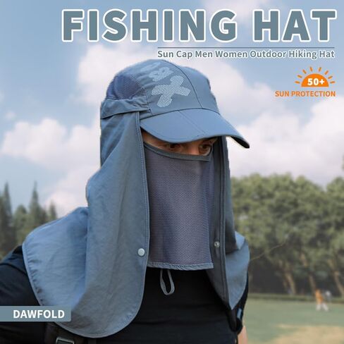 Dawfold Fishing Hat Sun Cap for Men Women, UPF 50+ Sun Protection Hat Foldable Cap with Mesh Face Neck Flap Windproof Strap in Saudi Arabia