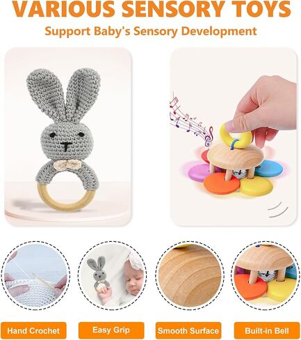 6 PCS Wooden Baby Rattle, Organic Colorful Baby Hand Rattles Set, Wood Rattles for Babies 0-6-12 Months, Wooden Teether Crochet Rattle Toy for Newborn Infant, Montessori Toys for Babies 0-6 Months in Saudi Arabia