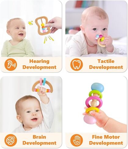 6 PCS Wooden Baby Rattle, Organic Colorful Baby Hand Rattles Set, Wood Rattles for Babies 0-6-12 Months, Wooden Teether Crochet Rattle Toy for Newborn Infant, Montessori Toys for Babies 0-6 Months in Saudi Arabia