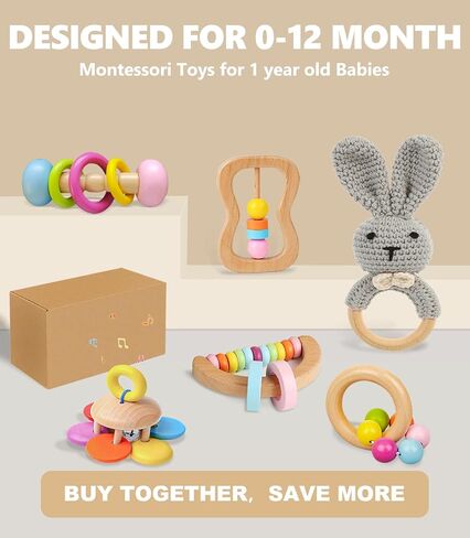 6 PCS Wooden Baby Rattle, Organic Colorful Baby Hand Rattles Set, Wood Rattles for Babies 0-6-12 Months, Wooden Teether Crochet Rattle Toy for Newborn Infant, Montessori Toys for Babies 0-6 Months in Saudi Arabia