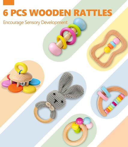 6 PCS Wooden Baby Rattle, Organic Colorful Baby Hand Rattles Set, Wood Rattles for Babies 0-6-12 Months, Wooden Teether Crochet Rattle Toy for Newborn Infant, Montessori Toys for Babies 0-6 Months in Saudi Arabia