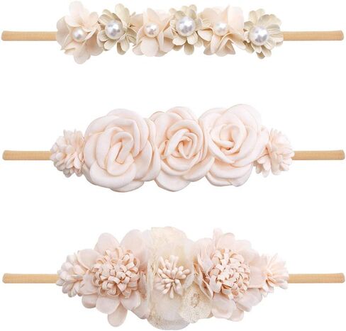 Baby Girl Nylon Headbands Flower Hair Bows Accessories-Elastic Hair Band Crown Handmade FLoral Wraps Birthday Gifts for Girls Newborn Infant Toddler 3Pcs in Saudi Arabia