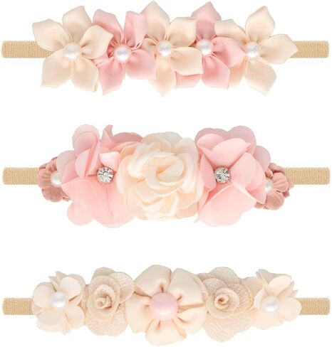 Baby Girl Flower Headbands Set, 3pcs Elastic Nylon Floral Hair Band, Bows Wrap for Infant Newborn Toddler in Saudi Arabia