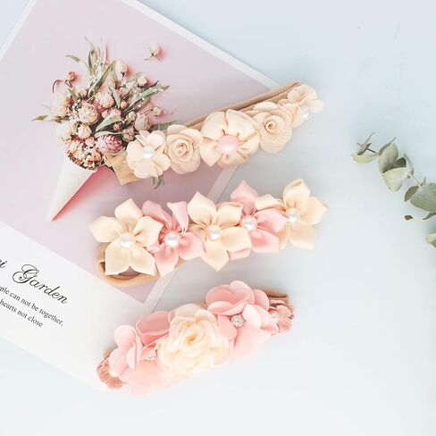 Baby Girl Flower Headbands Set, 3pcs Elastic Nylon Floral Hair Band, Bows Wrap for Infant Newborn Toddler in Saudi Arabia