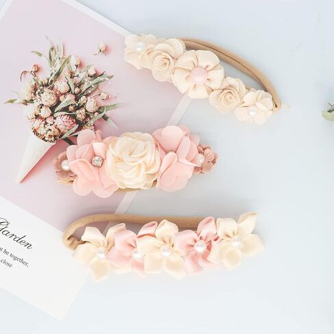 Baby Girl Flower Headbands Set, 3pcs Elastic Nylon Floral Hair Band, Bows Wrap for Infant Newborn Toddler in Saudi Arabia