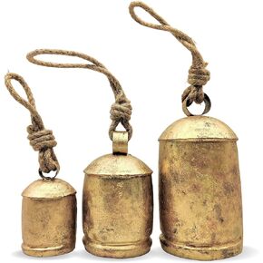 Carfar Set of 3 Rustic Style Large Bells Handmade Metal Harmony Christmas Hanging Cow Bells Complete Set on Jute Rope