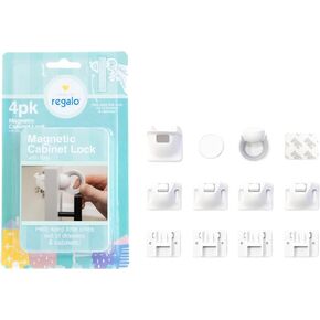 قفل مغناطيسي للخزانة والأدراج من ريجالو هوم سيفتي، علامة تجارية حائزة على جوائز، 4 عبوات، تتضمن 4 أقفال خزانة مغناطيسية، 1 مفتاح مغناطيسي، سهل التركيب، لاصق 3M، أبيض in Kuwait