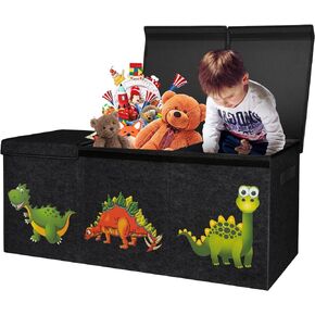 ASKIZ Toy Box Chest with Double Flip Lids, Large Kids Collapsible Toy Storage & Organizer, Sturdy Storage Bins for Nursery, Playroom, Wardrobe, Home, Dinosaur Pattern(Black|40.6"×16.5"×14.2")
