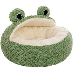 Cute Frog Hooded Cat Bed with Non-Slip Bottom, Covered Round Fluffy Frogs Cave Green, Semi-Closed Pet Mat for Cats and Small Dogs