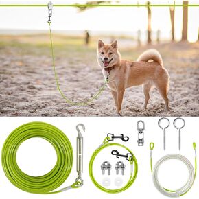 XiaZ 100FT Dog Runner for Yard, Dog Tie Out Cable Trolley Line for Dogs up to 250lbs, Aerial Dog Chain for Outside, Yard, Camping, with 8FT Bungee Run Leash, Cable Sling to Protect Trees，Green in Kuwait