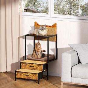 LiebeRen Cat Window Perch with Stairs, Pet Bunk Bed for Dogs &Cats with Drawers Storage, Cat Furniture Wall Mounted or Floor Use with Scratch Pad, Pet Window Perch Cat Furniture with Mats for Bedside in Kuwait